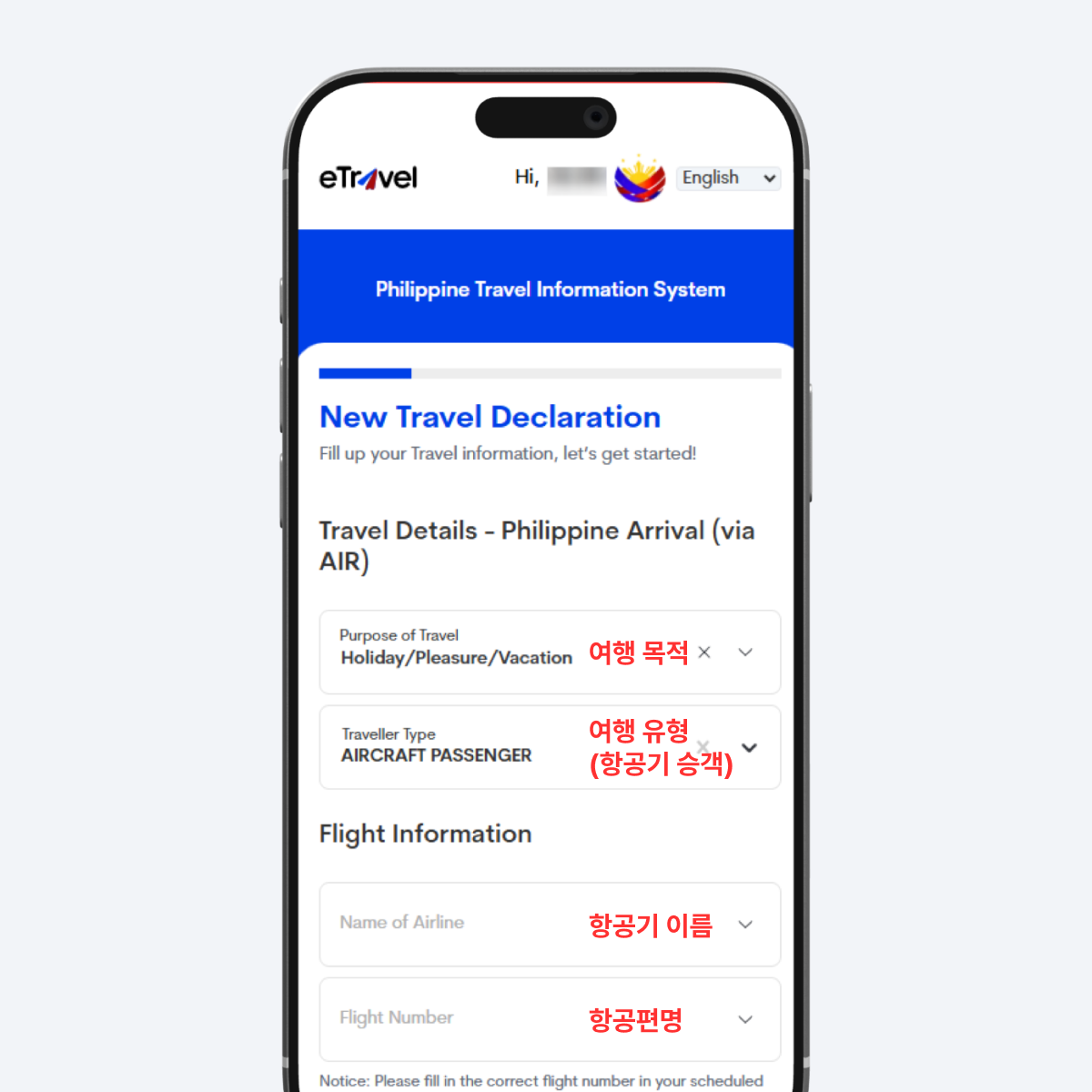 여행 상세 및 항공편 정보 입력 화면