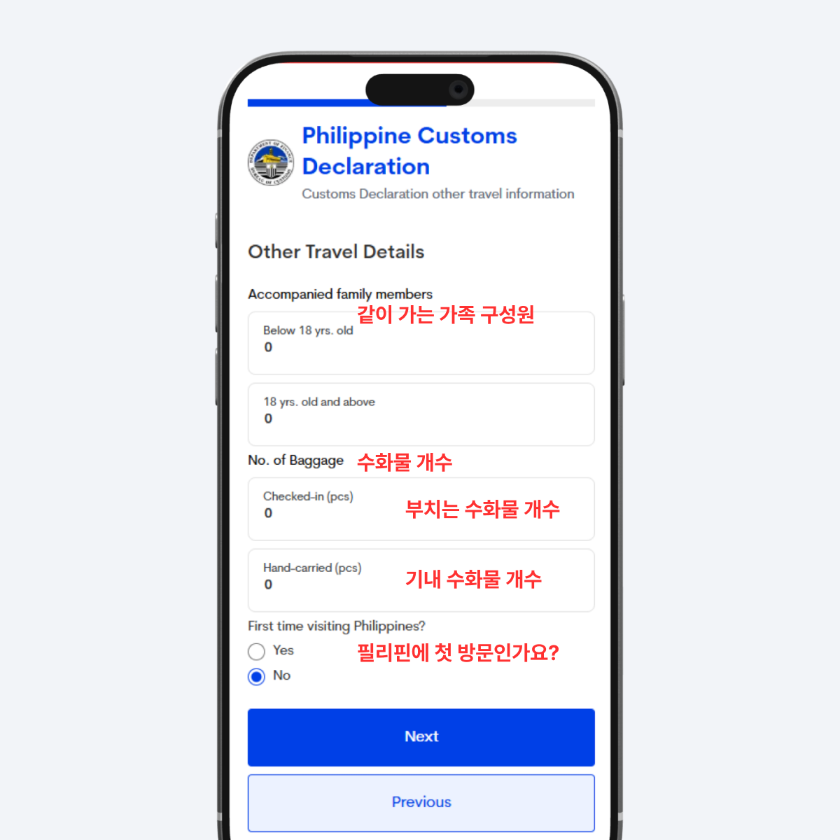 기타 여행 정보 및 수하물 입력 화면